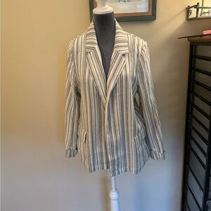 BNWT Love Tree Open Front Boxy Linen Blend Striped Blazer w/Pockets, Size L Blue